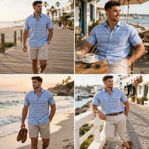 Ben Sherman Mens Linen Blend Short Sleeve Button Down Shirt Blue White Stripe L